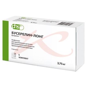 Бусерелин-лонг лиофилизат для приготовления суспензии для внутримышечного введения пролонгированного действия 3.75мг №1 в комплекте с растворителем (ампулы) 2 мл, шприцем одноразовым, иглой для инъекций, иглой для растворителя, салфетками спиртовыми-2 шт.. Фото