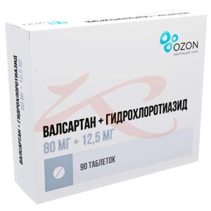 Валсартан + гидрохлоротиазид таблетки покрытые пленочной оболочкой 80мг + 12,5мг №90. Фото