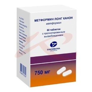 Метформин лонг канон таблетки с пролонгированным высвобождением 750мг №60 банка. Фото