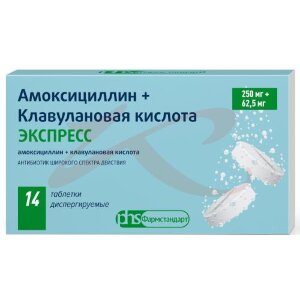 Амоксициллин + клавулановая кислота экспресс таблетки диспергируемые 250мг + 62,5мг №14. Фото
