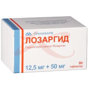 Лозаргид таблетки покрытые пленочной оболочкой 12,5мг + 50мг №90. Фото