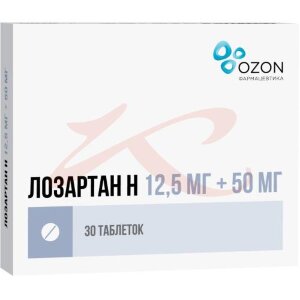 Лозартан н таблетки покрытые пленочной оболочкой 12.5мг + 50мг №30. Фото