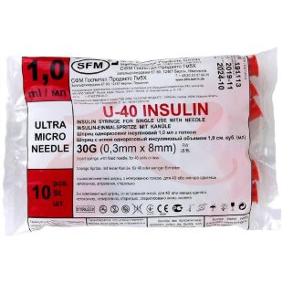 Сфм шприц инсулиновый u-40 1мл №10 3-х комп. интег.игла 30g 0,3 х8мм. Фото