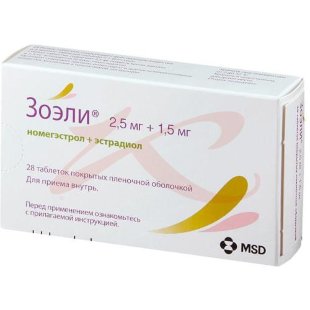 Зоэли таблетки покрытые пленочной оболочкой 2.5мг + 1.5мг №28 в наборе: таблетки 2-х видов - белые (номегэстрол 2.5 мг + эстрадиол 1.5 мг)-24 шт., желтые (плацебо)-4 шт.. Фото