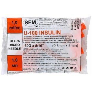 Сфм шприц инсулиновый u-100 1мл №10 3-х комп. интег. игла 30g 0,3 х8мм. Фото