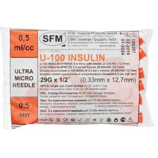 Сфм шприц инсулиновый u-100 0,5мл №10 3-х комп. интег. игла 29g 0,33 х12,7 мм. Фото